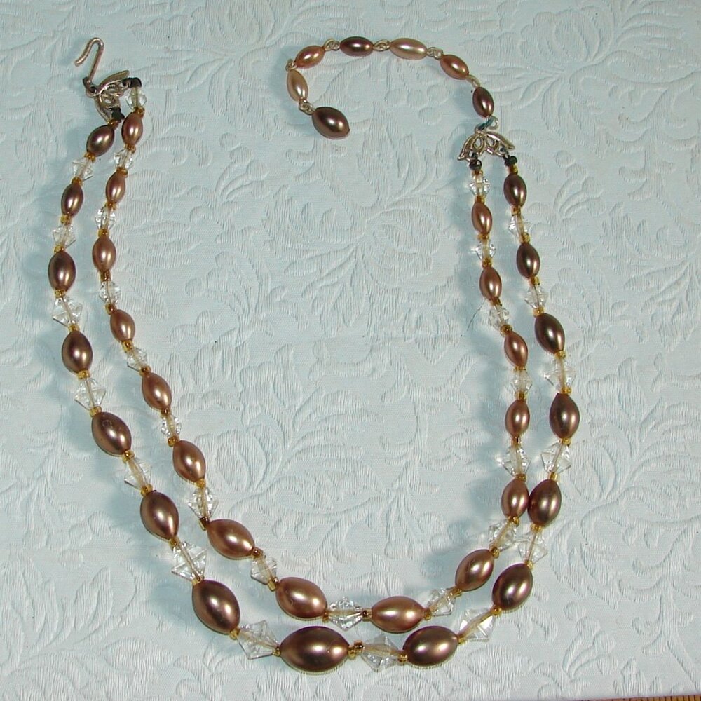 Vtg 2-Strand Beaded Choker Necklace, Bronze & Clear Beads, 1960-70s, B41